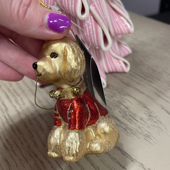 Christmas Santa Dog Blond Poodle Ornament Glitter Glass Vondels Amsterdam NWT - Picture 2 of 3